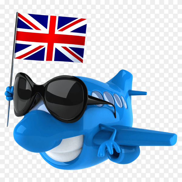 Funny plane holding British flag on transparent background PNG
