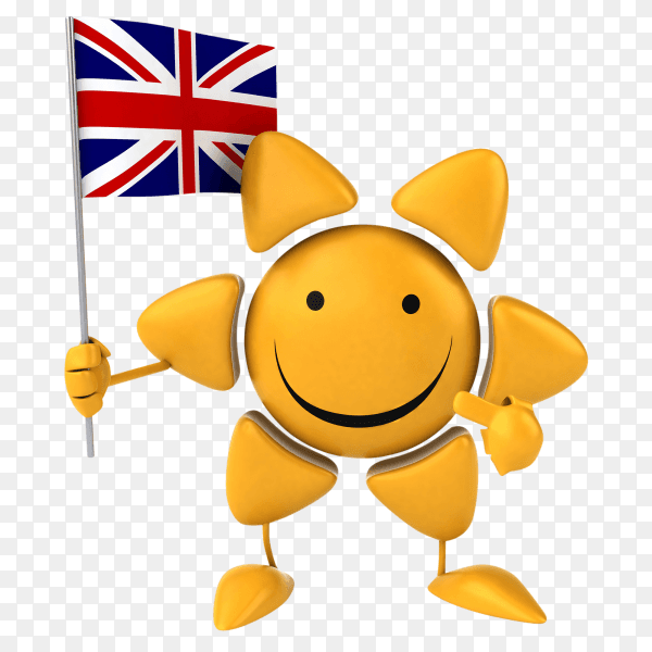 Funny sun holding British flag on transparent background PNG