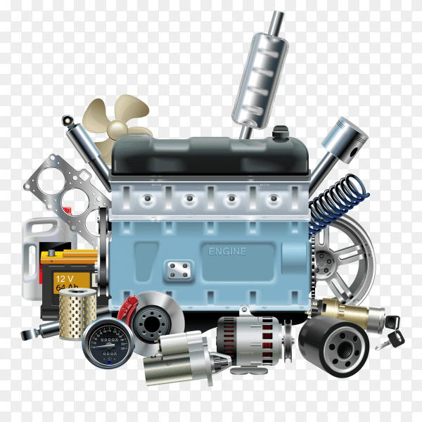 Motor Engine with Car Spares on transparent PNG