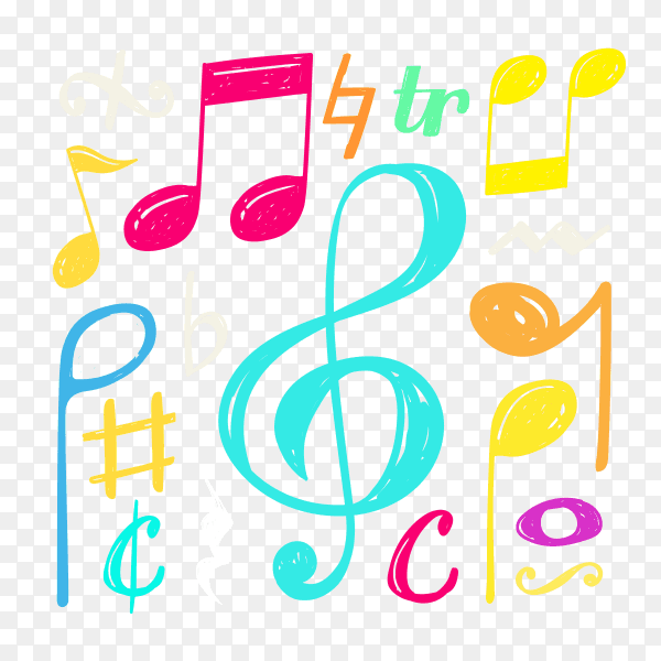 Music note doodle background on transparent PNG