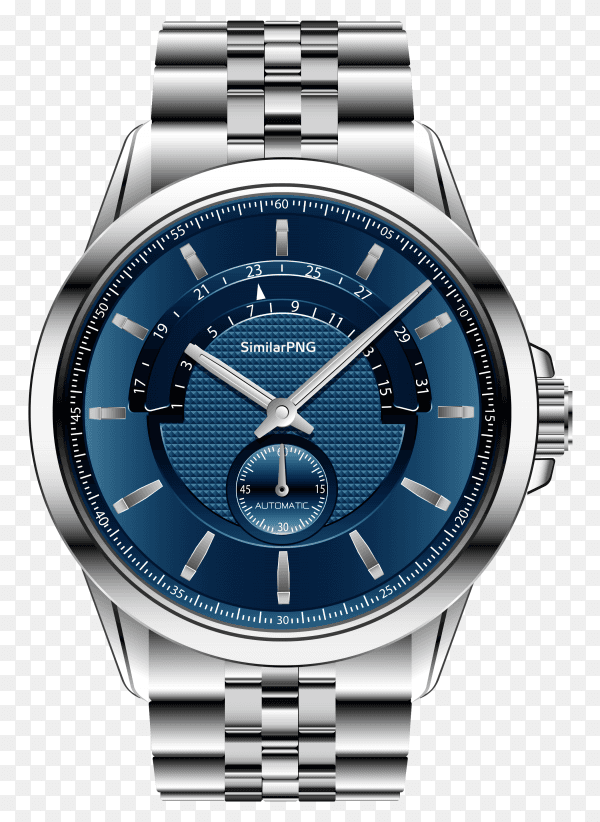 Realistic clock watch chronograph blue silver steel luxury Vector PNG