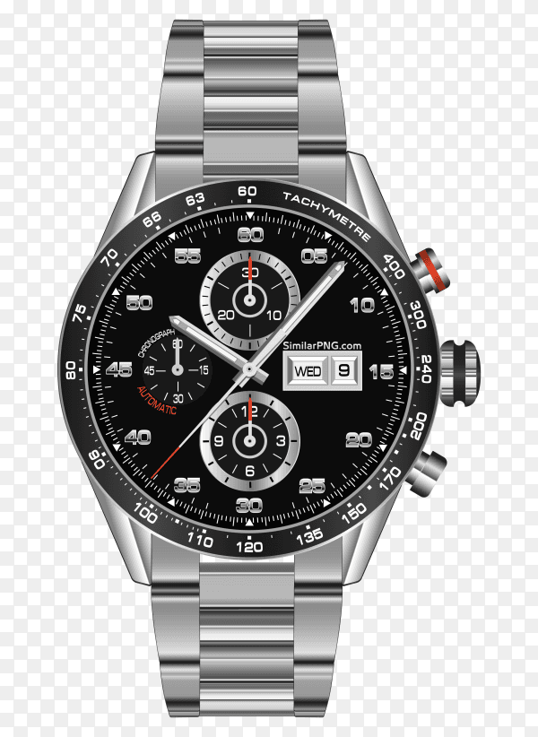 Realistic watch clock chronograph steel with transparent PNG