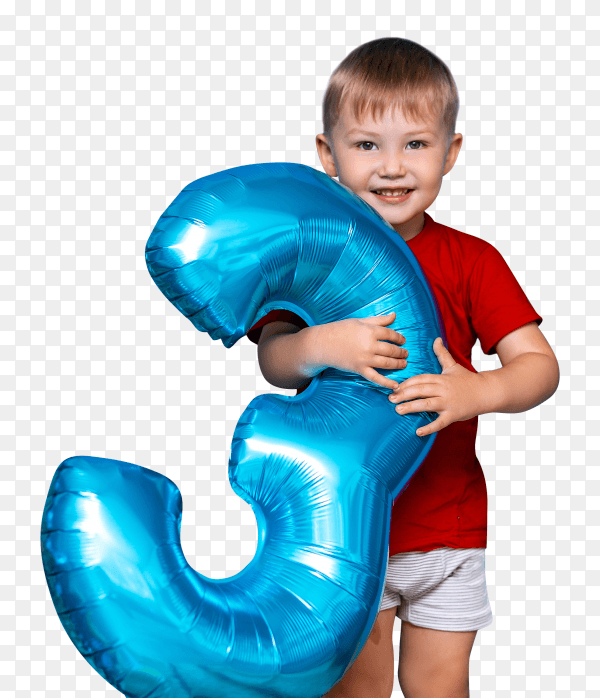 Small cute blonde boy holding balloon blue color happy birthday three years old images PNG