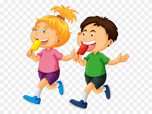 Smiling boy and girl eating ice creams vector PNG