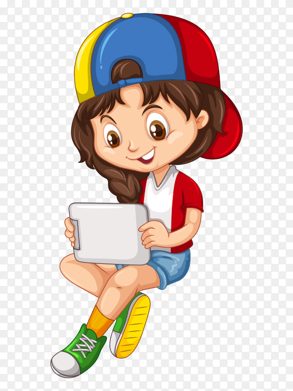 Smiling boy holding tab vector PNG