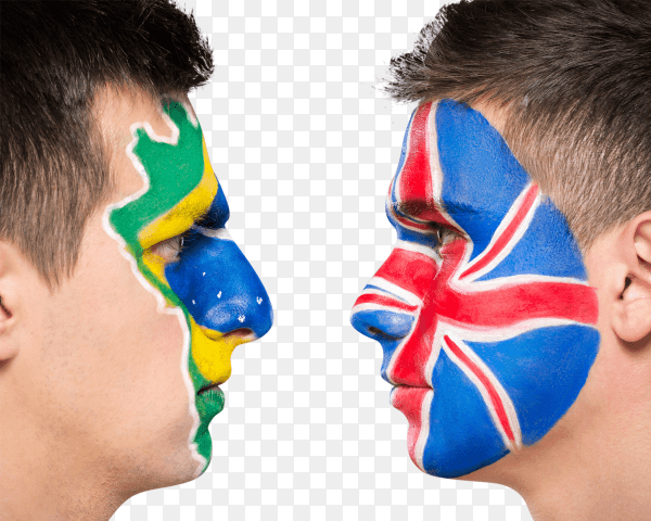 Two men faces with painted brazilian and british flags on transparent PNG