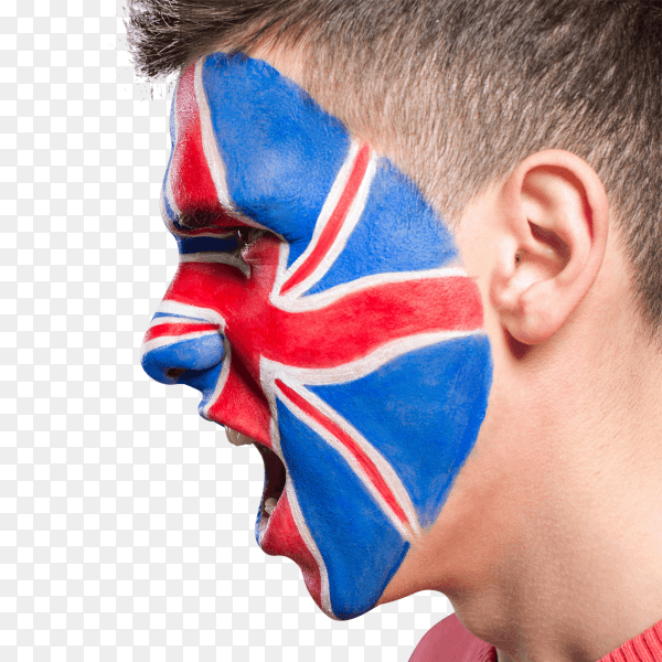 UK flag painted on man's face on transparent PNG