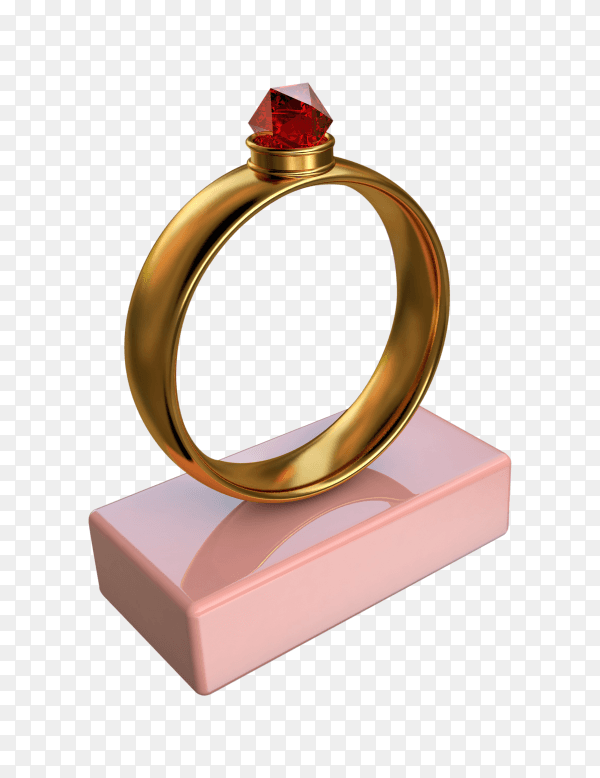 3D illustration of a gold ring with a big red diamond on pink stand on transparent background PNG
