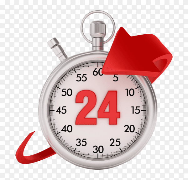 3D stopwatch with arrow number 24 on transparent background PNG