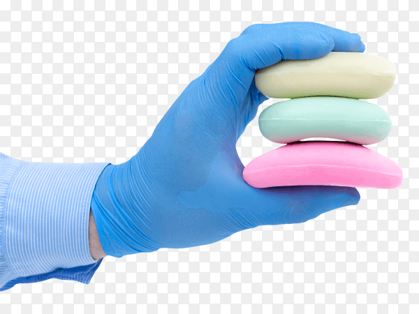A man's hand in a medical glove with soap on transparent PNG