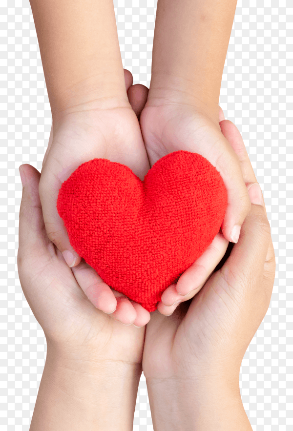 Adult and child hands holding handmade red heart on transparent PNG
