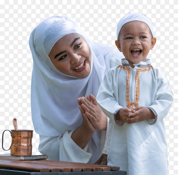Asian Muslim mother and her son enjoying quality time on transparent PNG