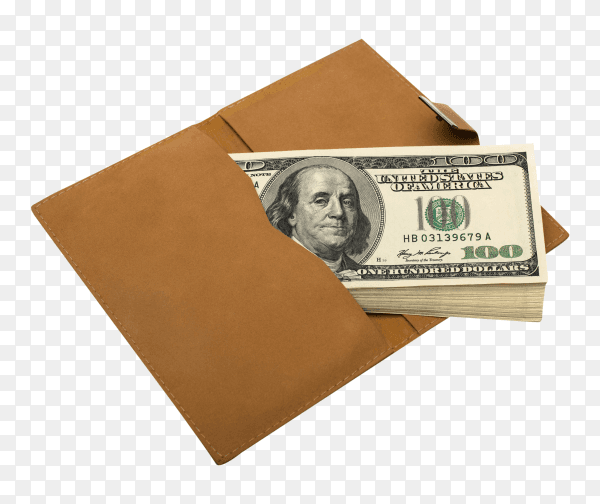Banknotes dollars in leather brown pocket on transparent background PNG