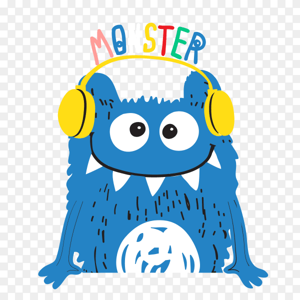 Blue monster Listen music on headphone Premium vector PNG