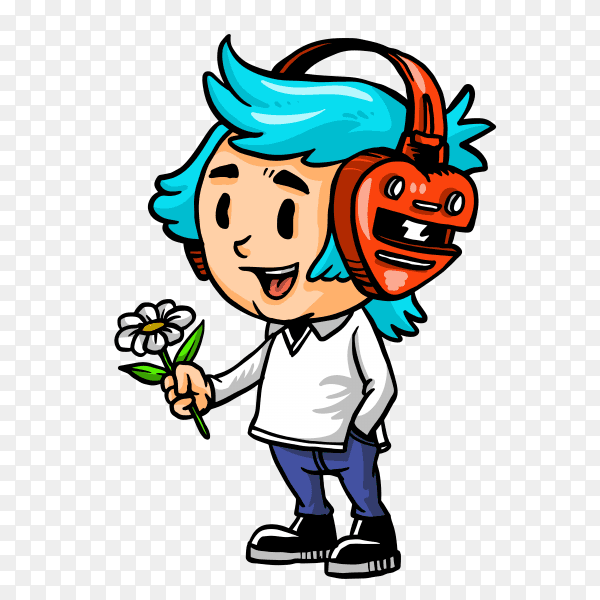 Boy listening music with headphone and holding flower Clipart PNG
