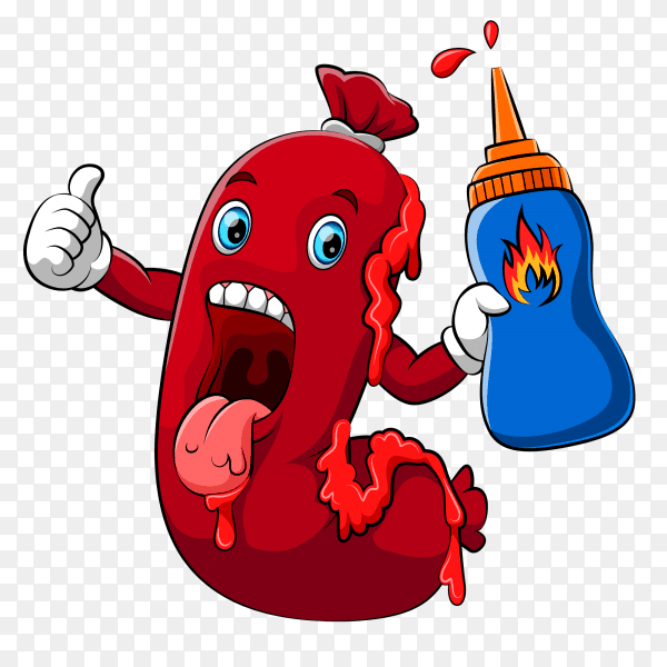 Cartoon sausage holding mustard sauce on transparent background PNG