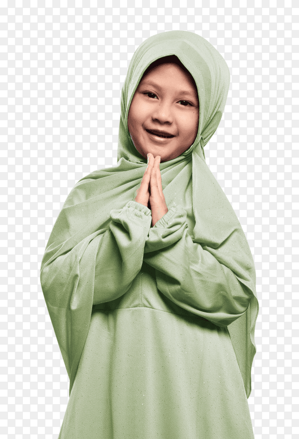 Cheerful muslim girl wearing hijab praying on transparent PNG