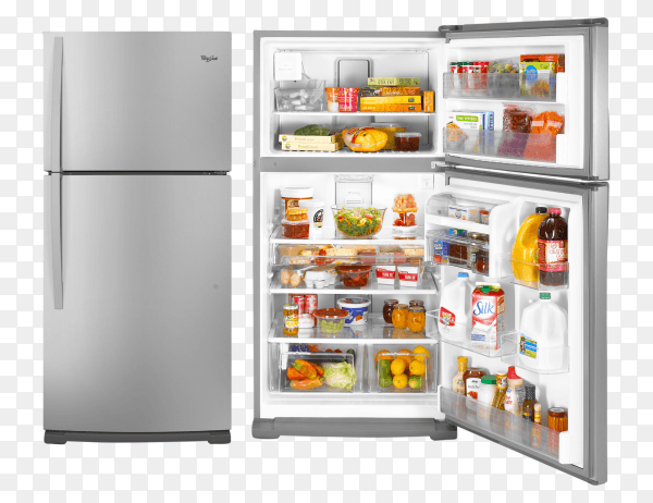 Closed and Opened Refrigerator Full Of Food and Drinks on transparent bckground PNG