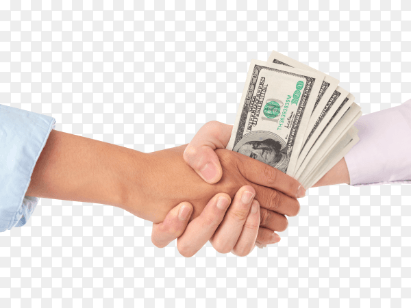 Closeup of handshake with dollar bills in the middle on transparent PNG