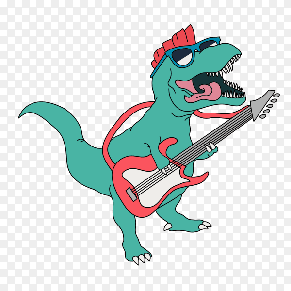 Cool dinosaur playing guitar on transparent background PNG