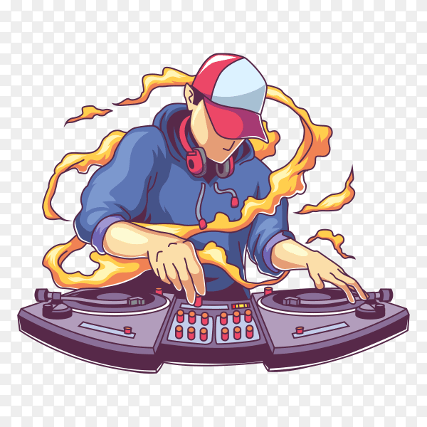 Cool disc jockey with headphone mixing music on transparent background PNG