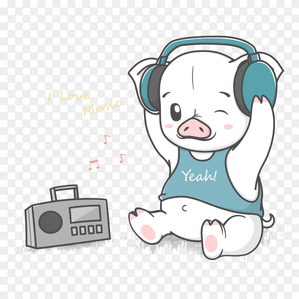 Cute baby pig listen music Premium vector PNG