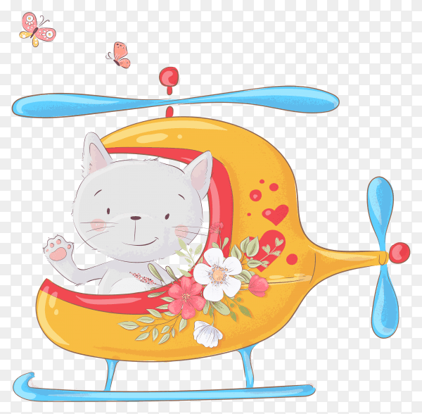 Cute cartoon cat helicopter on transparent background PNG