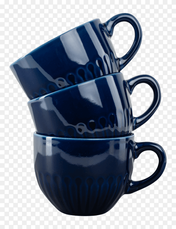 Dark blue ceramic coffee cup on table on transparent background PNG
