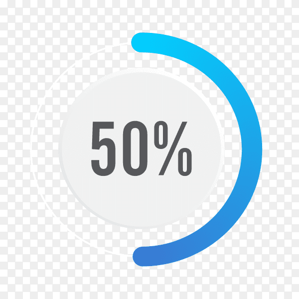 Fifty percent blue grey and white pie chart on transparent background PNG