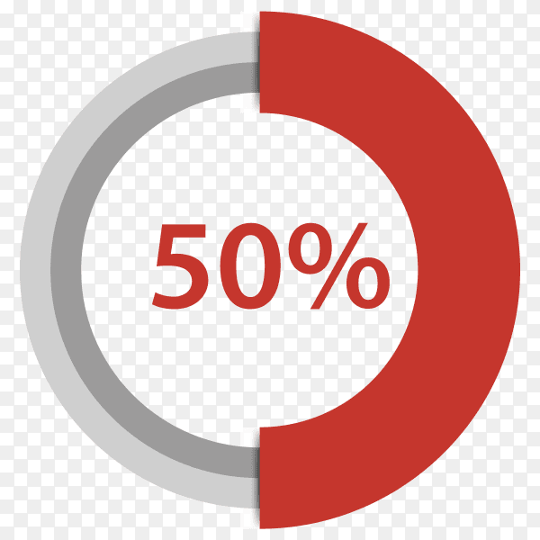 Fifty percent red gradient pie chart sign on transparent background PNG