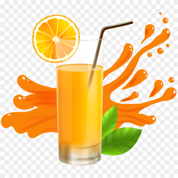 Fresh orange juice in glass with splash on transparent background PNG
