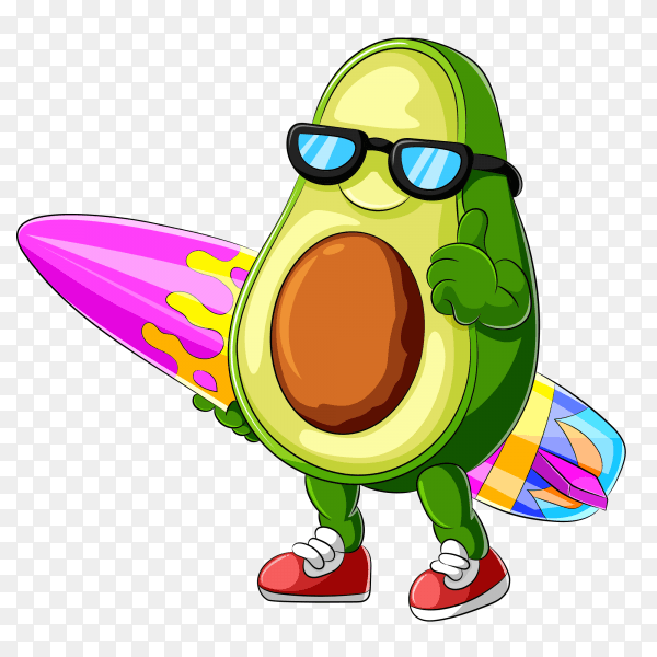 Funny avocado cartoon surfing on transparent background PNG