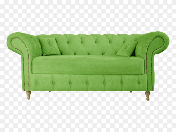 Green sofa with wooden legs isolated on transparent background PNG
