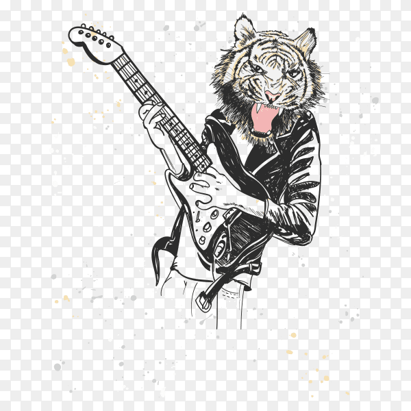 Hand drawn tiger holding guitar premium vector PNG