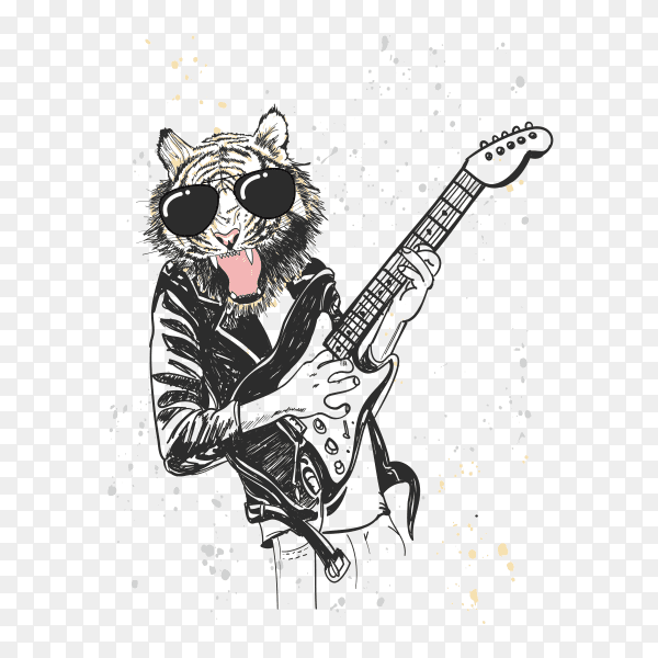 Hand drawn tiger with sunglasses holding guitar premium vector PNG