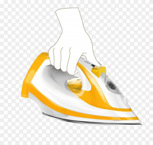 Hand holding orange steam iron on transparent background PNG