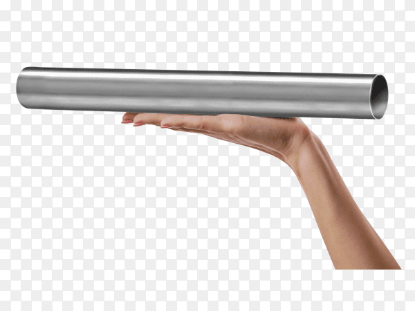 Hand holding stainless steel pipe on transparent background PNG