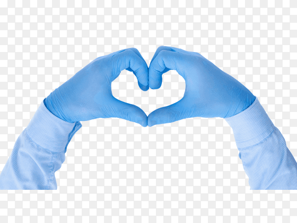 Hands in medical latex gloves hands form a heart shape on transparent background PNG