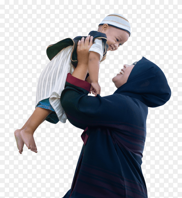Happy joyful muslim mother having fun throws up her son in the air Clipart PNG