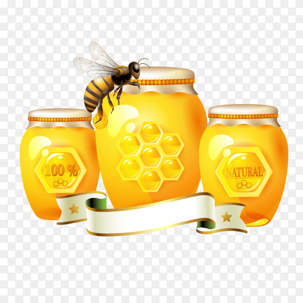 Honey jars with bee on transparent background PNG