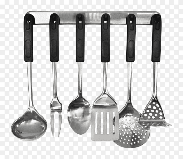 Kitchen tools utensils metal hanging rack on transparent background PNG