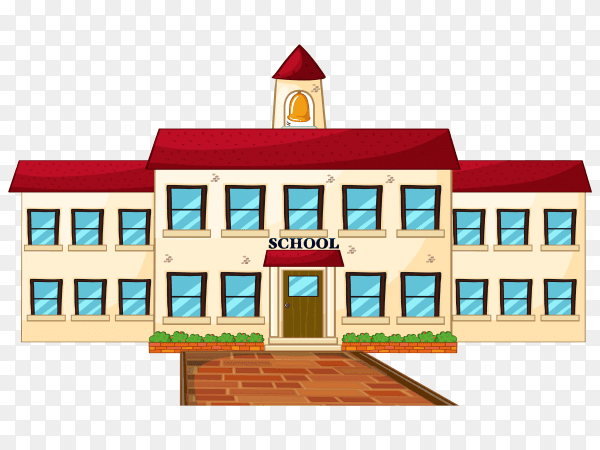 Large school building scene on transparent background PNG