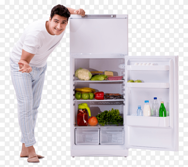Man next to fridge full of food Premium image PNG