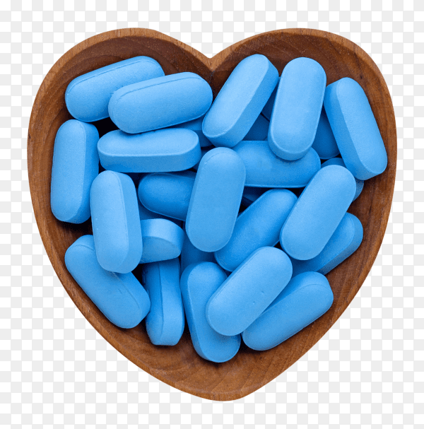 Medical blue pills with heart shaped wooden bowl on transparent background PNG