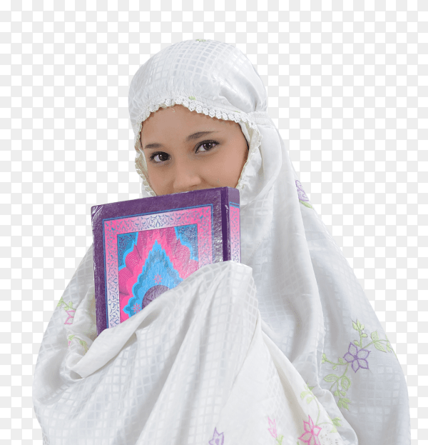 Muslim girl holds the quran on transparent background PNG