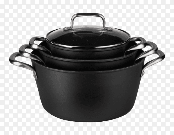 New set black saucepan isolated on transparent PNG