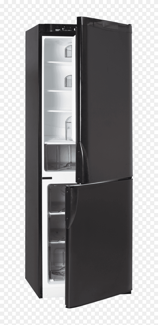 Open Black Refrigerator on transparent background PNG