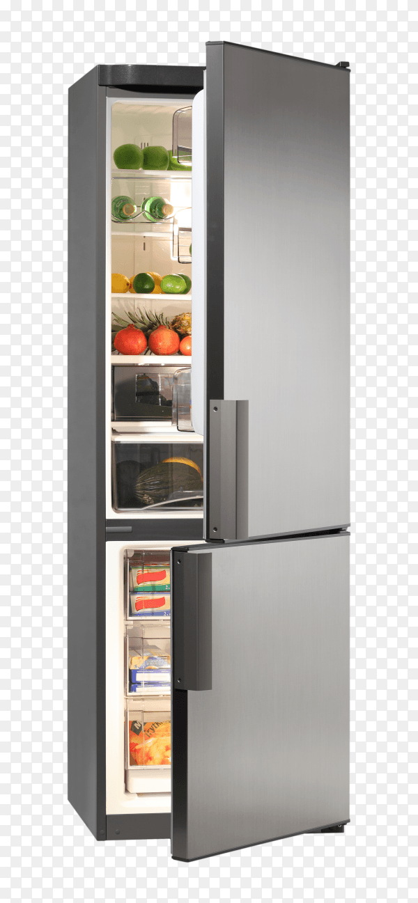 Open fridge refrigerator full of food and Fruites isolated on transparent PNG