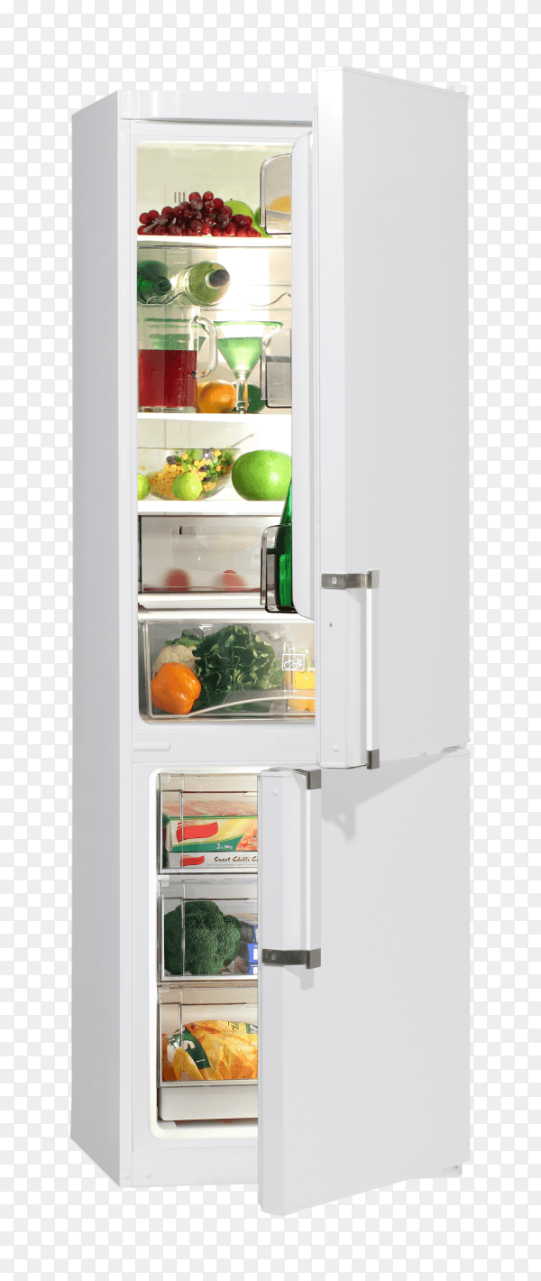 Open fridge refrigerator full of food and drinks isolated on transparent PNG