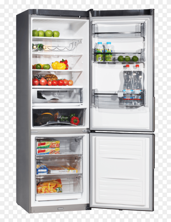 Open fridge refrigerator full of food and drinks on transparent background PNG